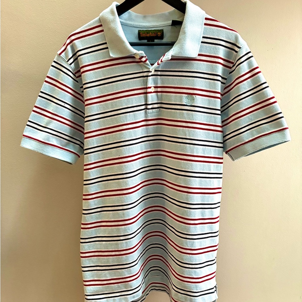 Timberland VTG late 90s/Y2K baby blue/red/white striped polo golf shirt L